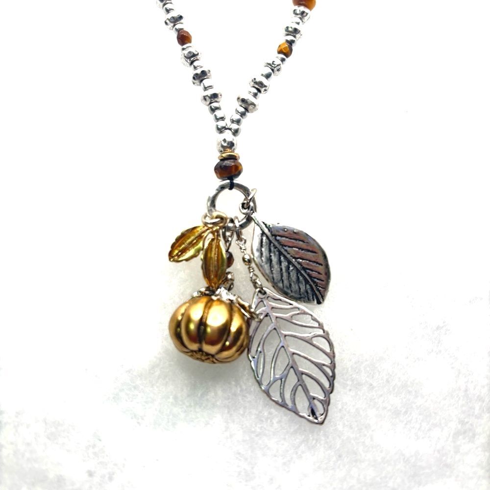 Silver Tigers Eye and Gold Leaf Fall Pendant Necklace